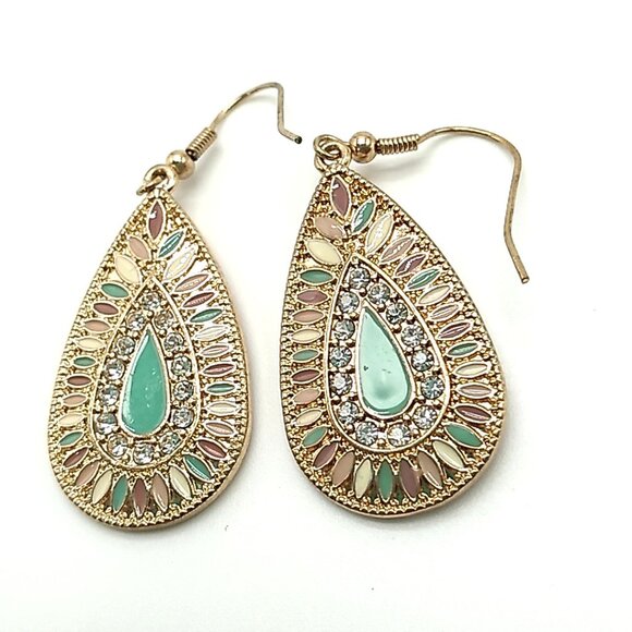 Teardrop Dangle Earrings Mint Green Enamel Rhinestones Small Pastel Beads - Picture 11 of 14